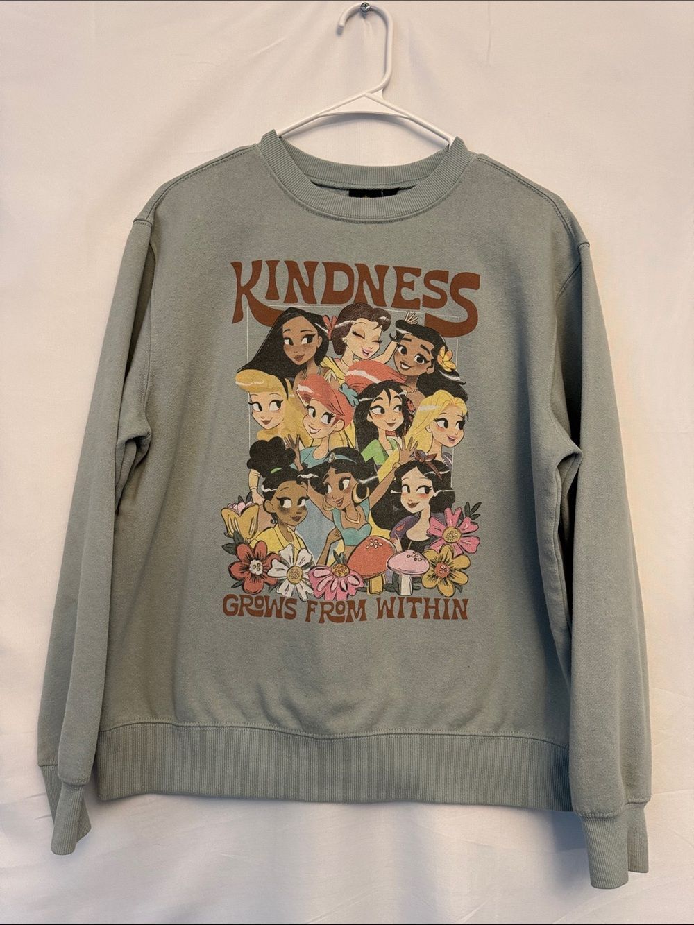Disney Princess Sage Green 'KINDNESS' Floral Graphic Sweatshirt women’s size L